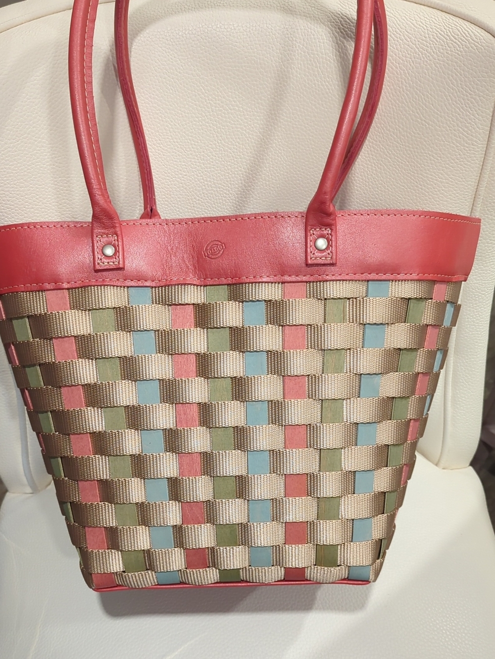 Longaberger Pink Trim Woven Tote with Blue and Olive Accents